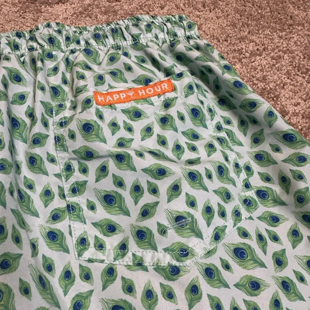 Happy Hour Bold Preppy Swim Trunks Mens Large Green Peacock Print Shorts‎